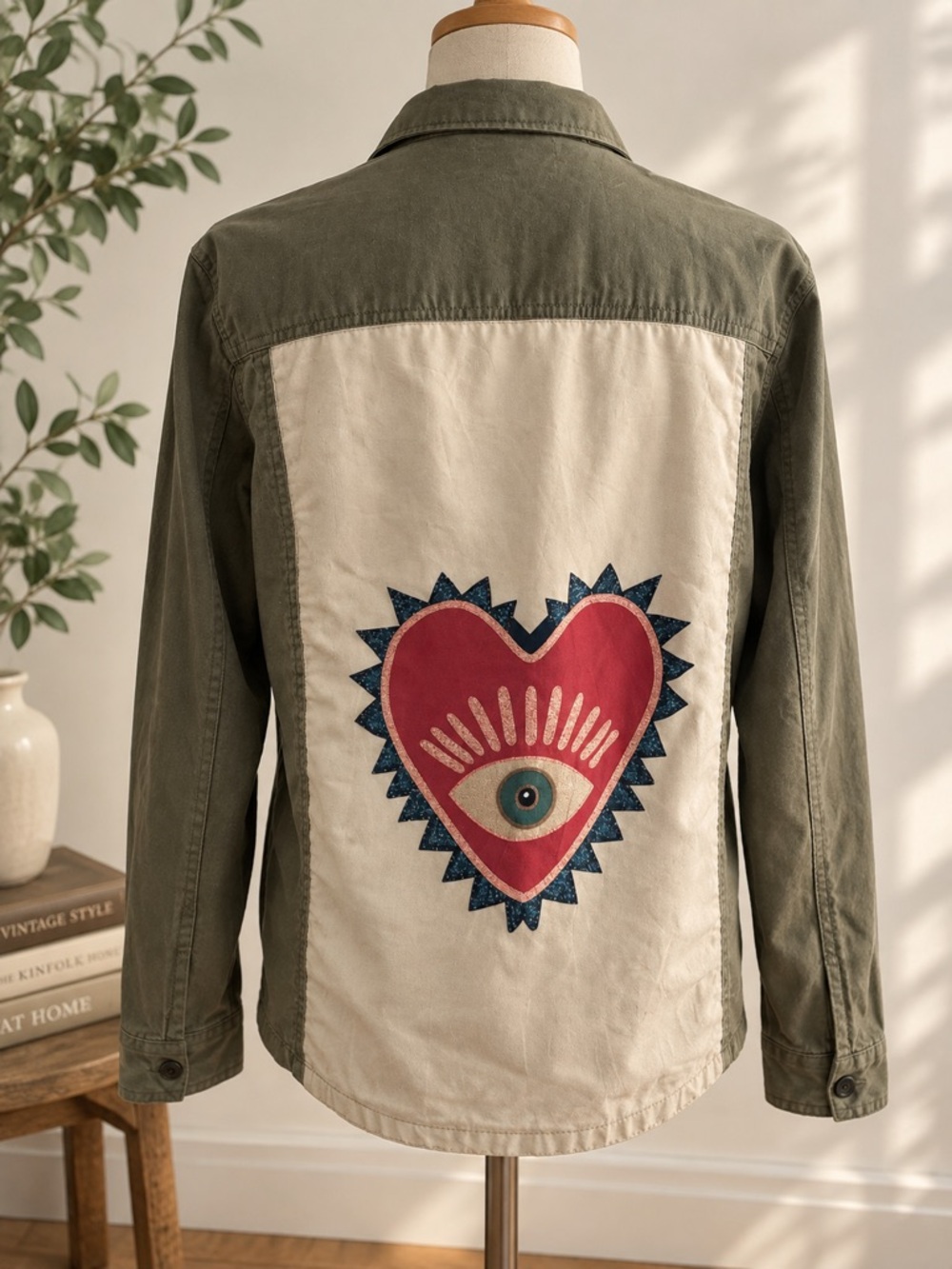 Panache Olive Utility Jacket with White Back Panel and Pink Heart Graphic Small